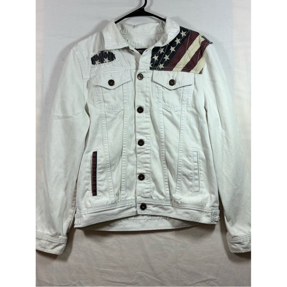 White Denim Jacket with Distressed American Flag Accent carbon b